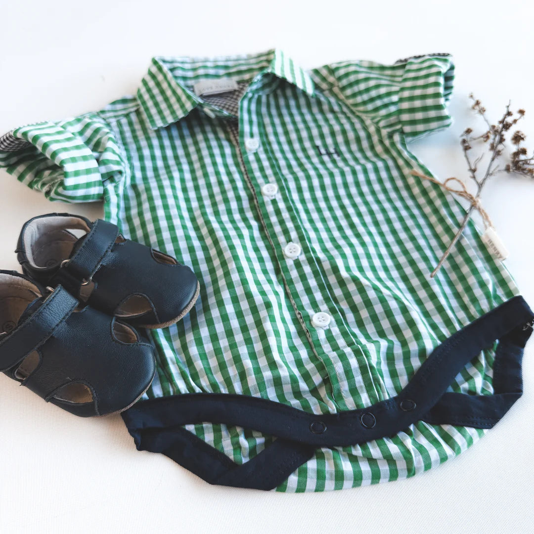 BABY BOYS DRESS SHIRT ROMPER - BRIGHT GREEN CHECK