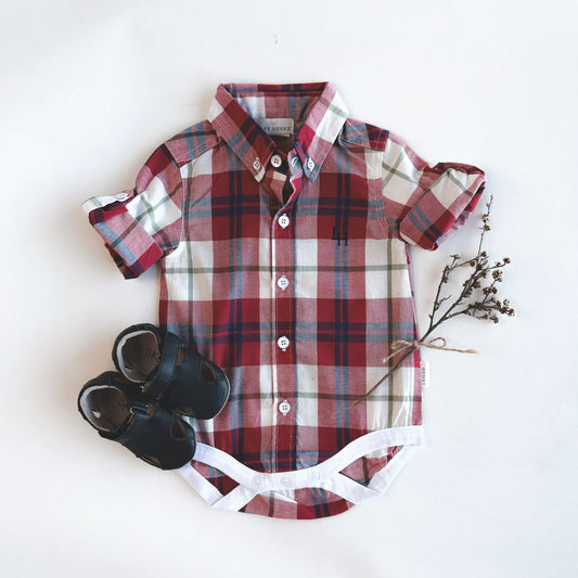 BABY BOYS DRESS SHIRT ROMPER - RED PLAID