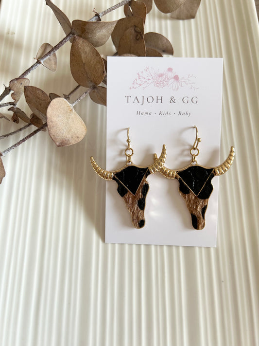 Gold Plated Western Tan & Black Longhorn Earrings