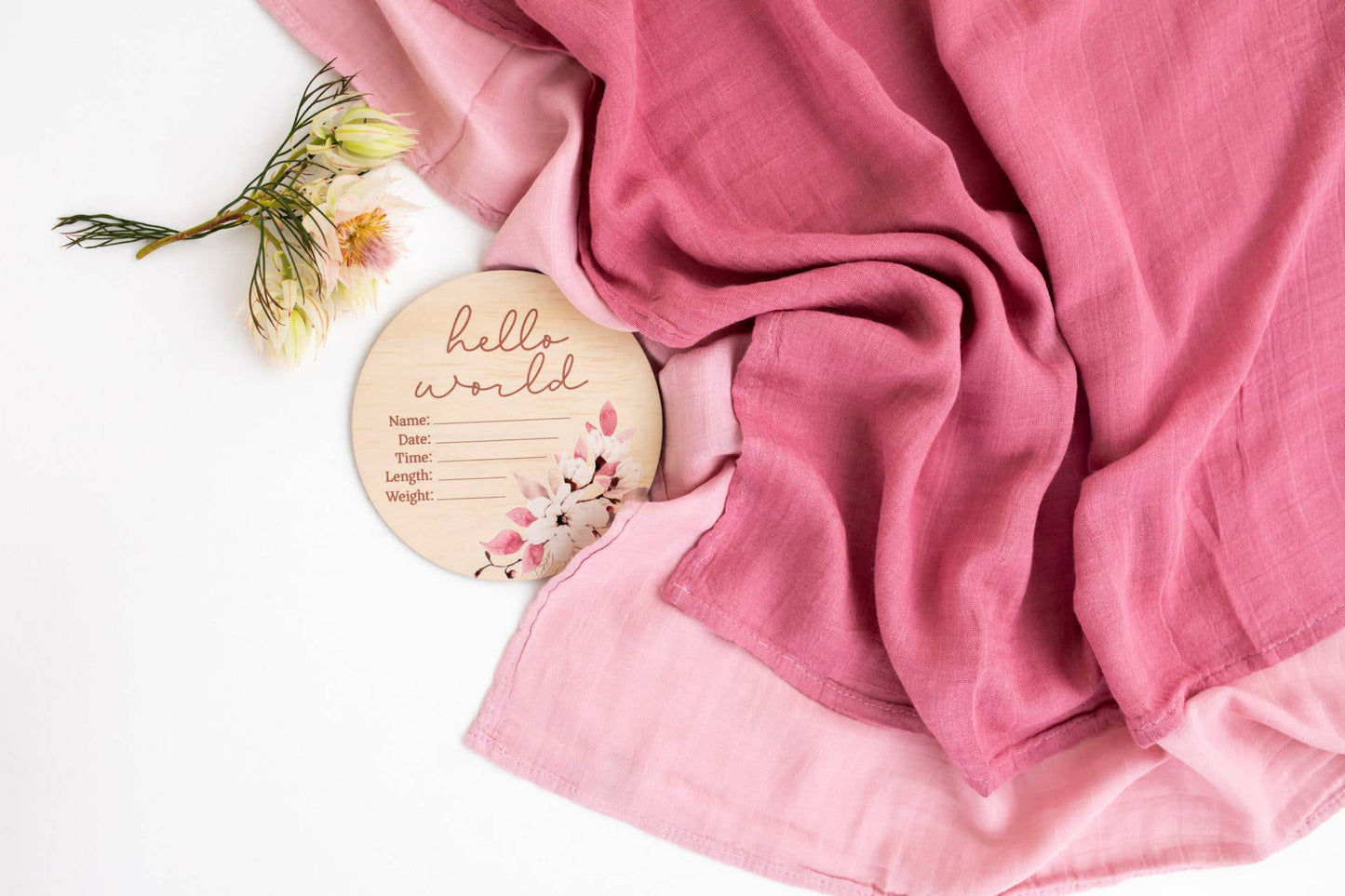 Hello World Floral Wooden Birth Disc