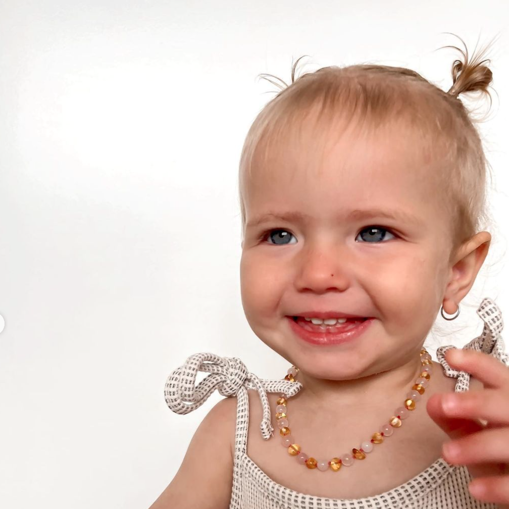 Amber Necklace Cognac & Rose Quartz | Baby 32cm