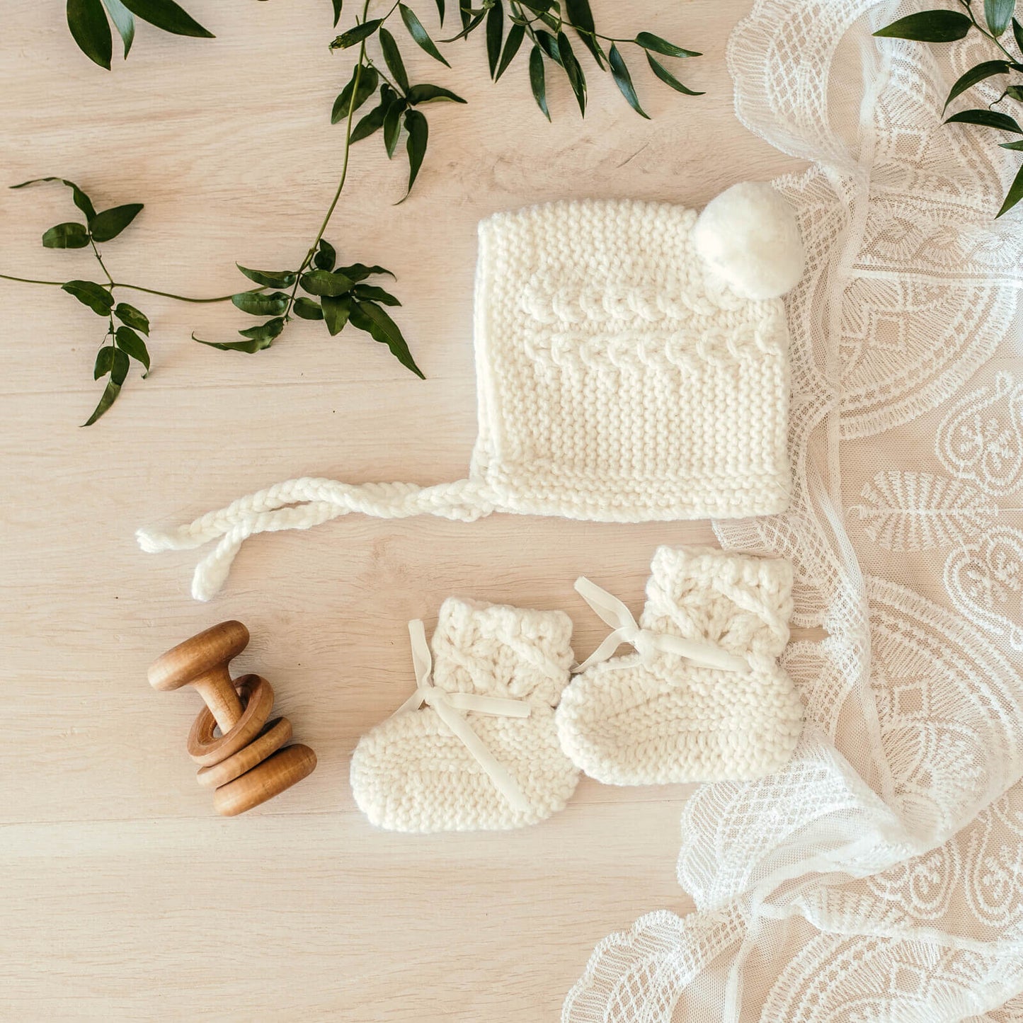 Ivory Merino Wool Bonnet & Booties