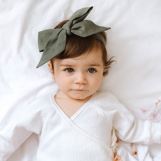Olive Linen Baby Headbow Wrap
